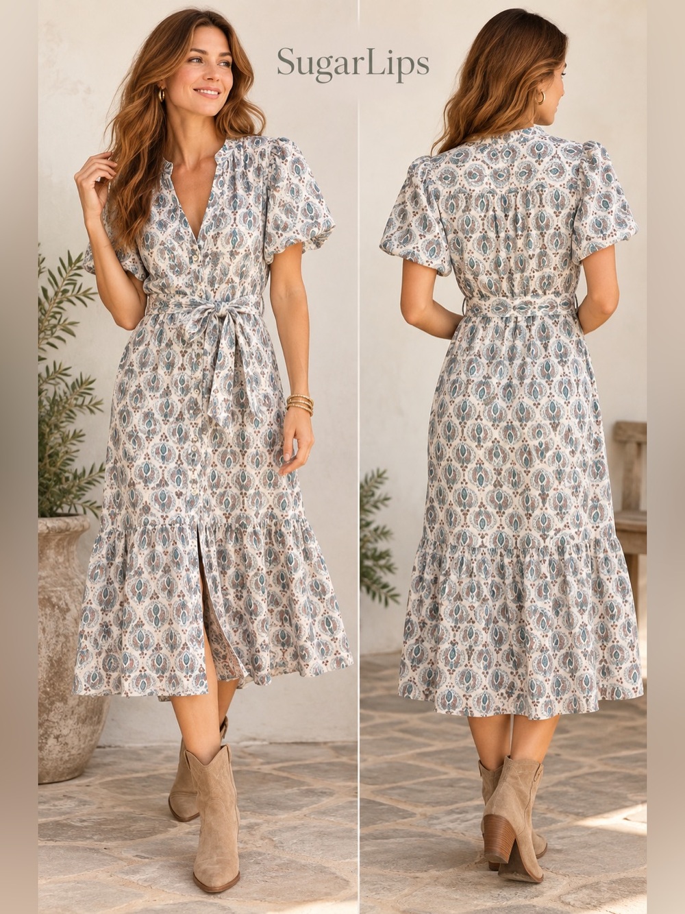 SugarLips Paisley Cotton Belted Midi Dress Size S Puff Sleeve Button Front